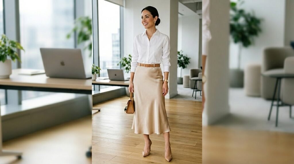 satin skirt office ensemble