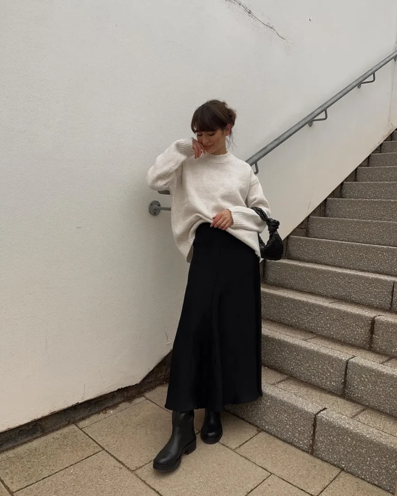 Slip Skirt With a Cozy Cream Sweater