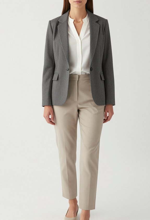 striped blazer neutral trousers