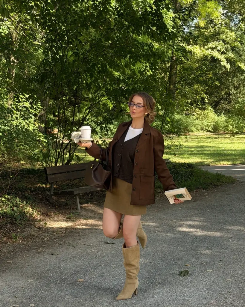 Suede Jacket, Cardigan Vest, and Slouchy Boots