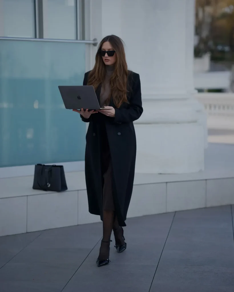 Taupe Knit and Chocolate Skirt Under a Black Coat