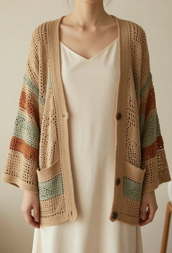 textured crochet cardigan layering