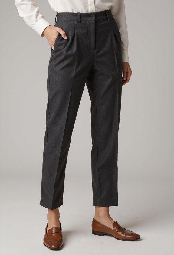 understated elegance through tailored pants and loafers
