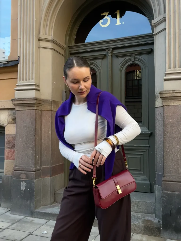 Violet Sweater Over Dark Brown Trousers
