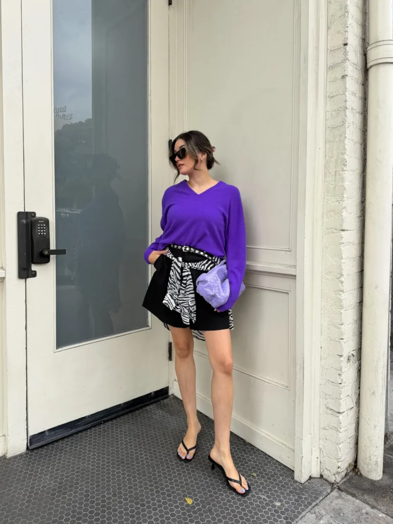 Violet V-Neck With Black Shorts