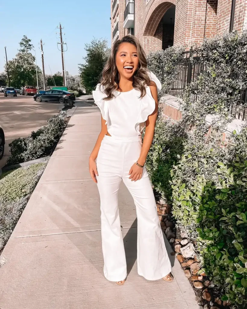  White Flare Jumpsuit With Ruffle Shoulders