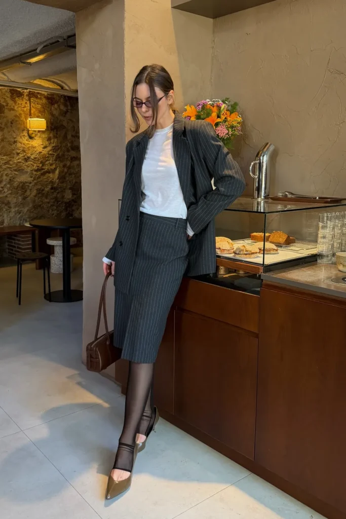 Pinstripe Skirt Suit for Summer Office Days