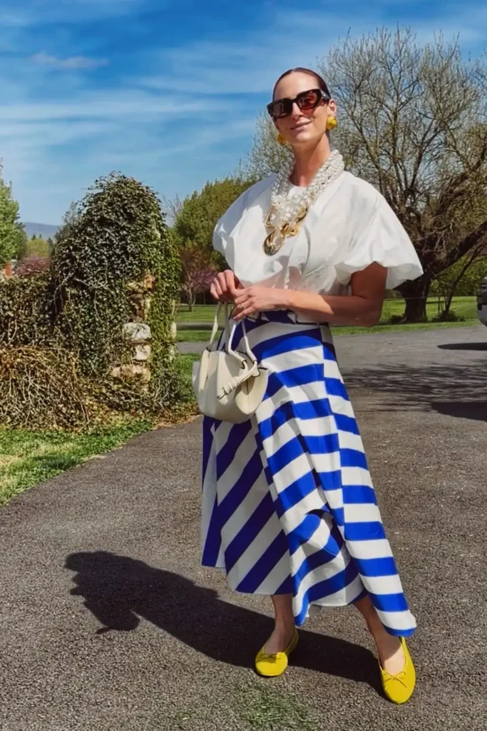 Cobalt Striped Midi Skirt With Yellow Ballet Flats