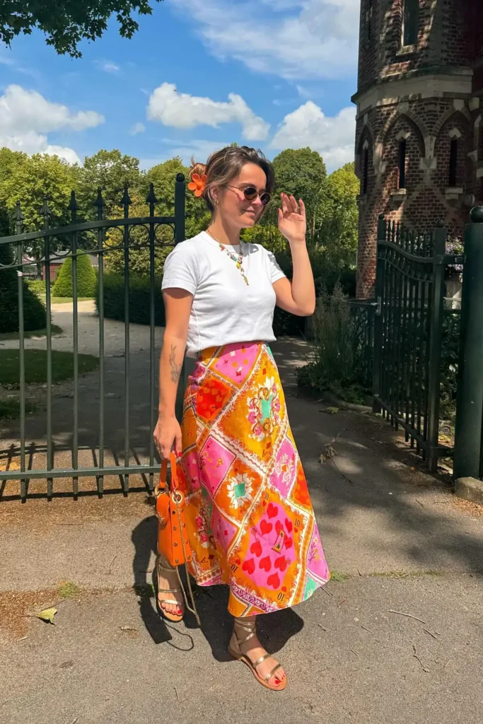 Printed Satin Midi Skirt and a Plain White Tee