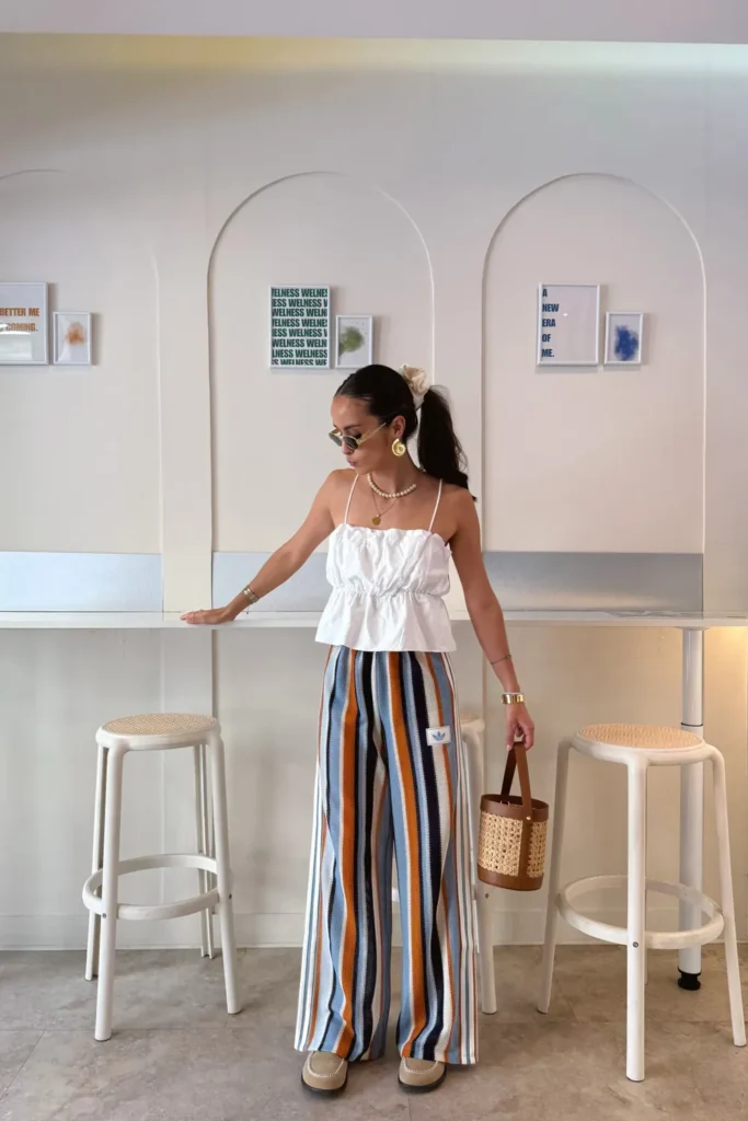 Striped Wide Leg Pants With a Ruffled White Cami