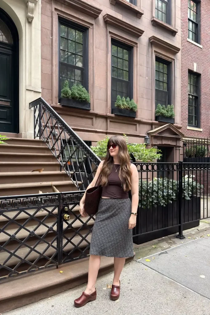 Ditsy Print Midi Skirt With Brown Clogs