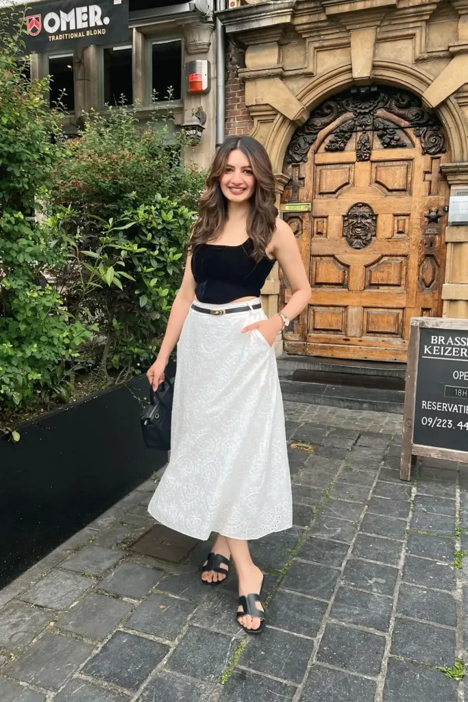 Velvet Corset Top and White Eyelet Midi Skirt for Date Night