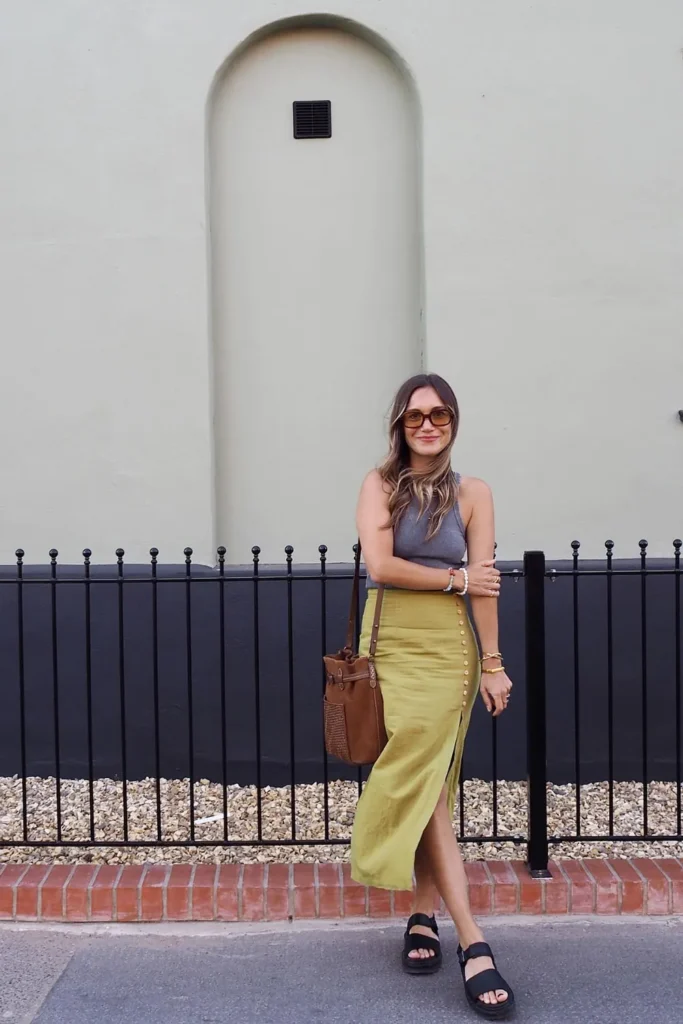 Chartreuse Linen Skirt Outfit With a Gray Tank
