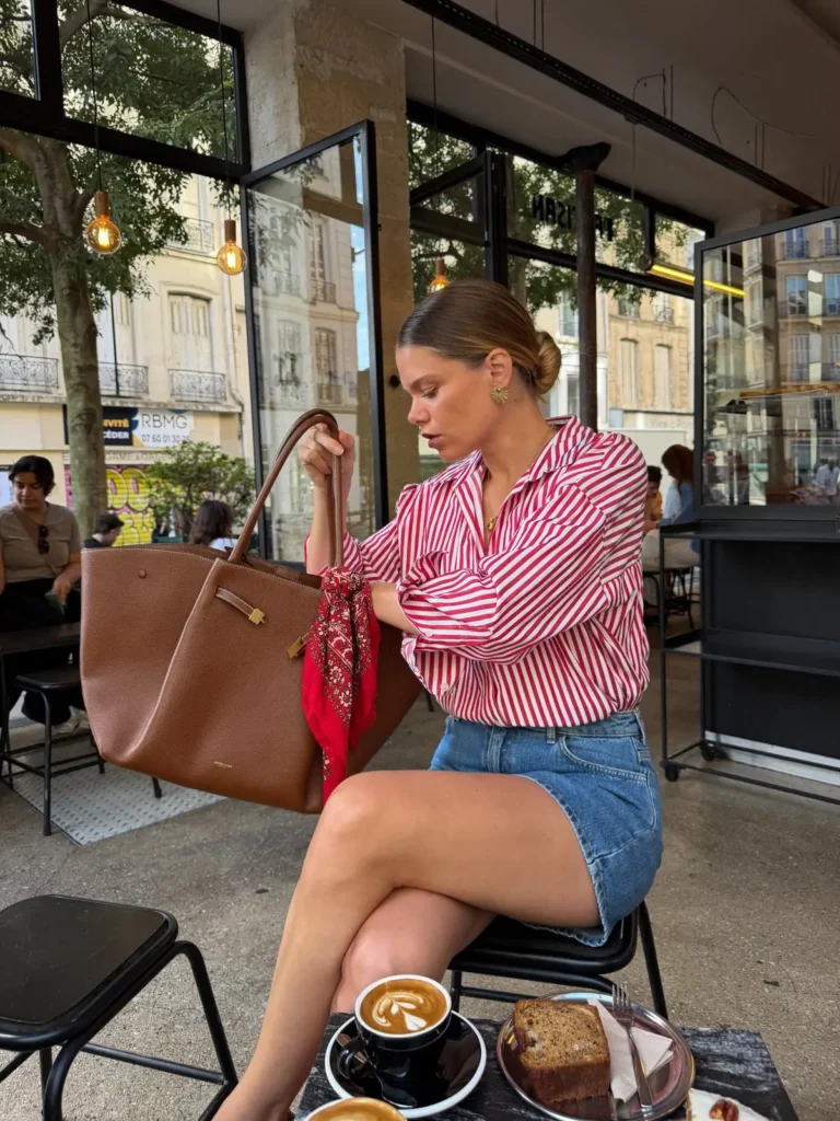ed Striped Shirt, Denim Mini, and a Big Tan Tote