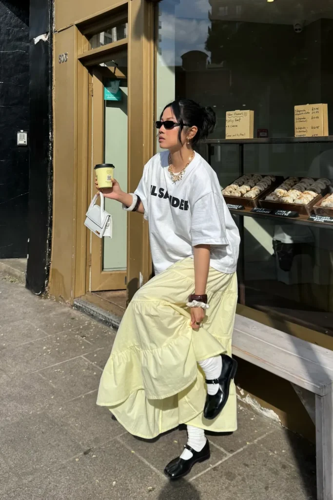 Butter Yellow Tiered Maxi Skirt With an Oversized Tee