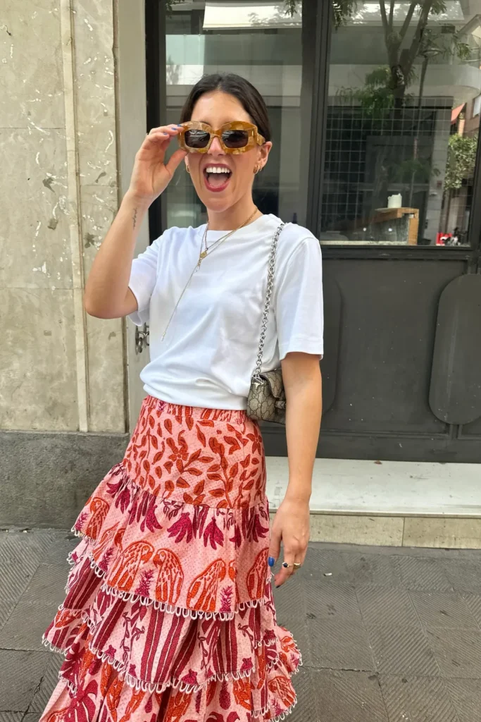 Plain White Tee With a Printed Tiered Midi Skirt