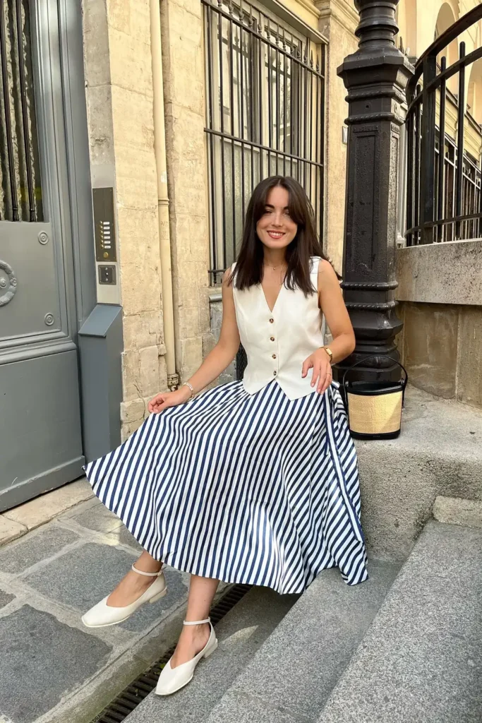 Linen Vest and Striped Midi Skirt in Paris