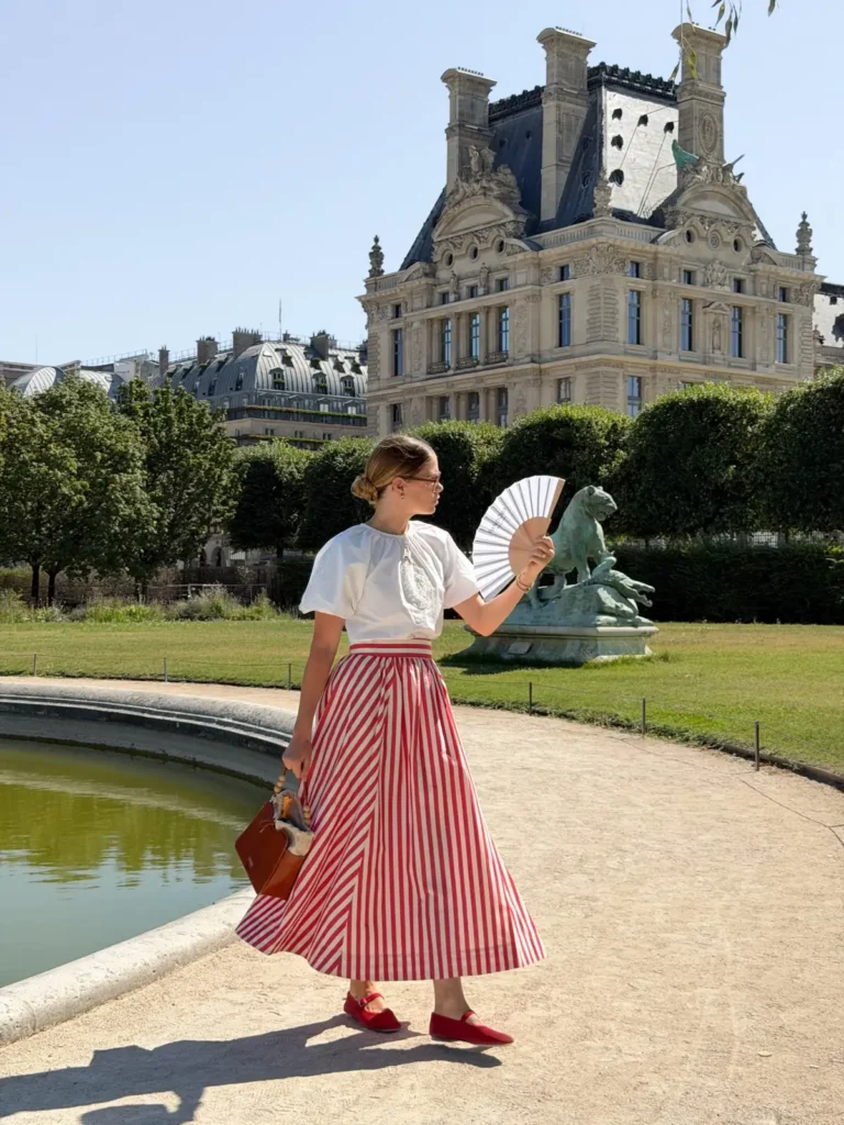A Red Striped Full Skirt for Garden Party Season