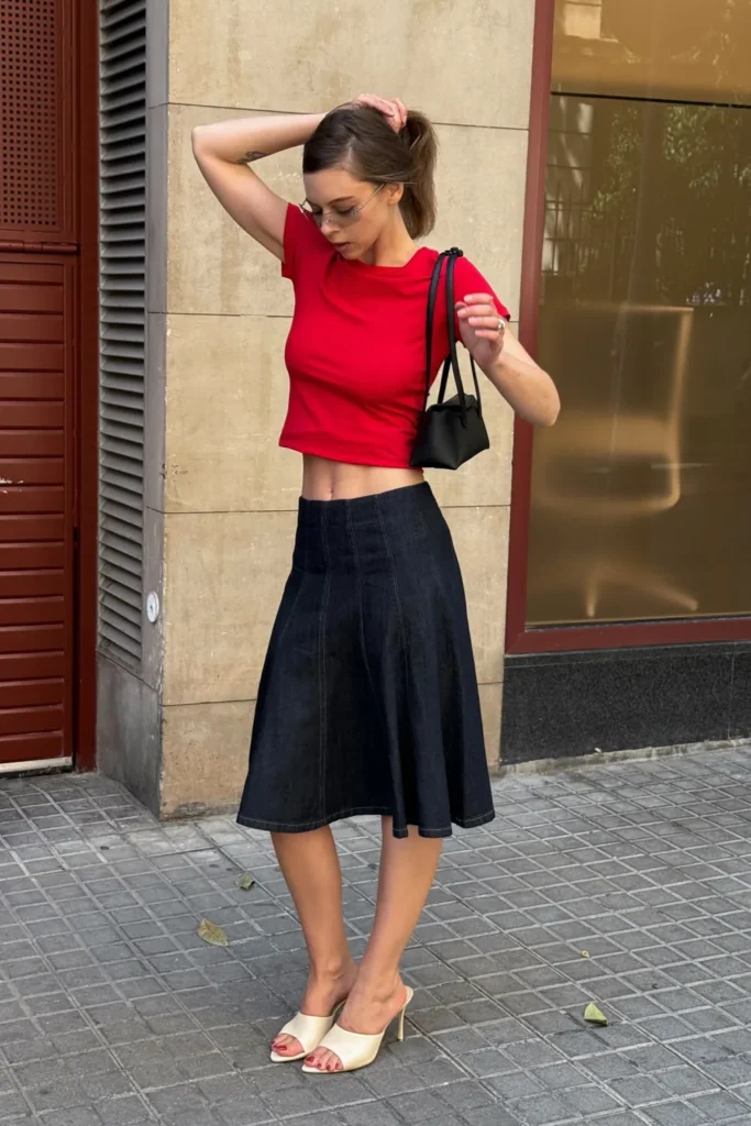 Dark Denim Midi Skirt, Red Crop Tee, and Heeled Mules