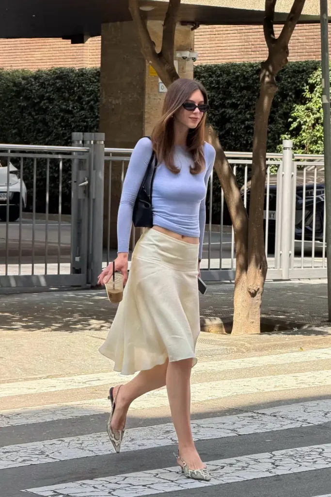 Lavender Knit Top and Cream Bias Cut Midi Skirt