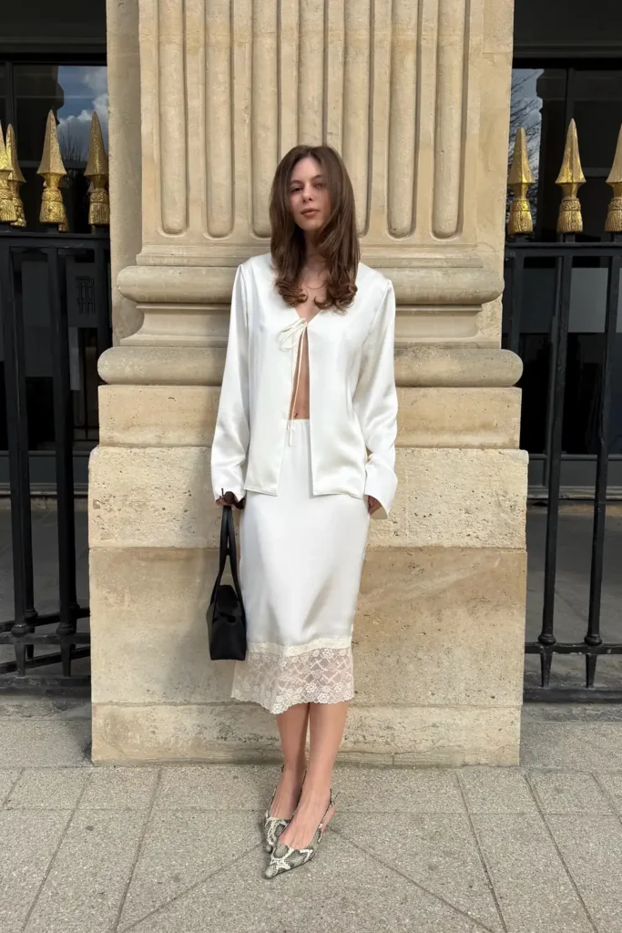 Ivory Satin Matching Set With a Lace Hem Midi Skirt