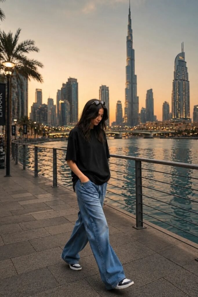 A Black Tee and Mid Blue Baggy Jeans for Evening