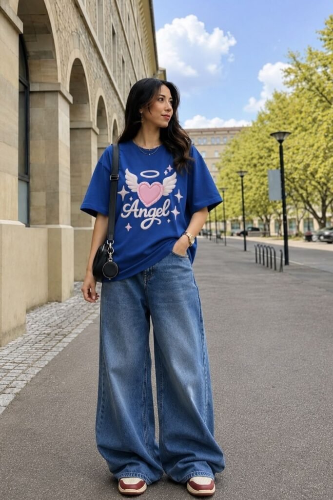 A Cobalt Graphic Tee With Extra Wide Mid Blue Jeans