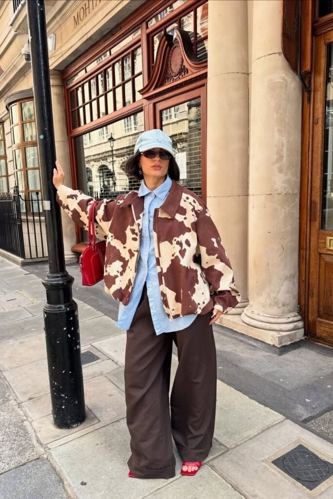 A Cow Print Bomber Over a Blue Shirt and Brown Wide Trousers