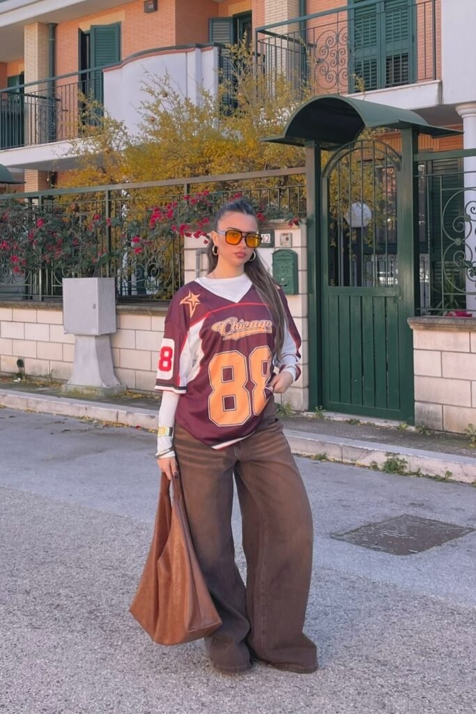 A Sports Jersey Over a White Long Sleeve With Brown Baggy Jeans