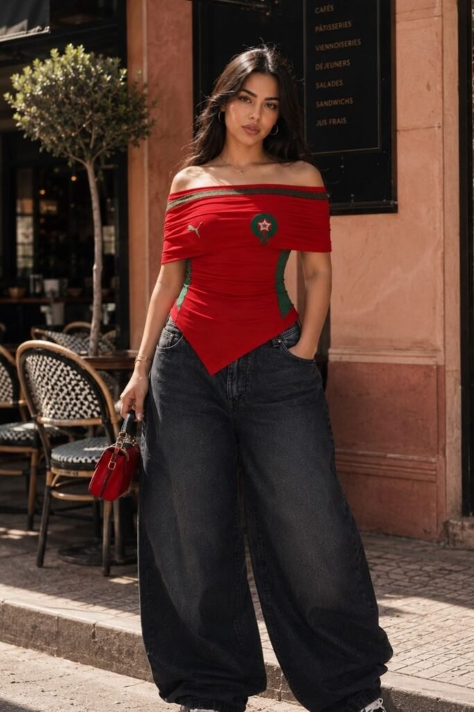 An Off Shoulder Red Top With Huge Black Jeans