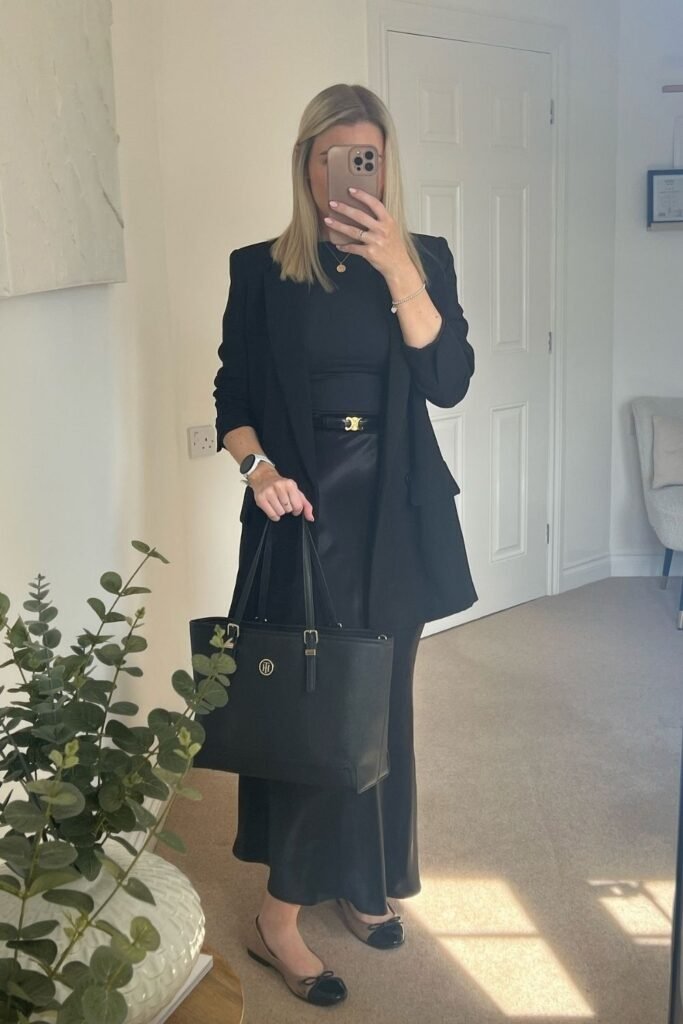 Black Blazer With a Satin Midi Skirt