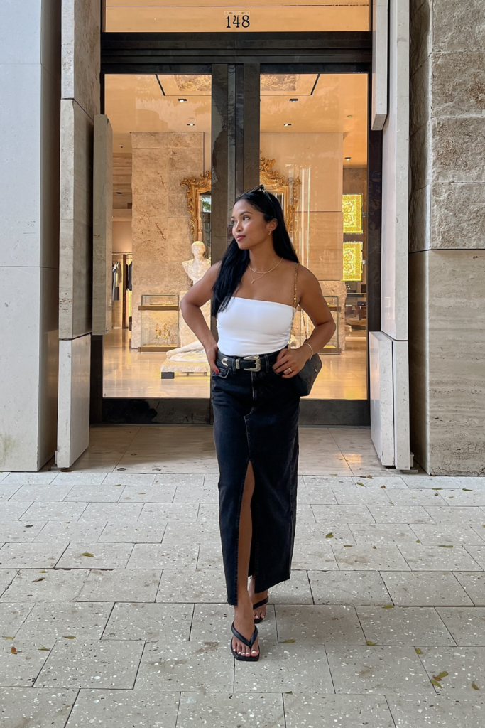 Black Denim Midi With a White Tube Top