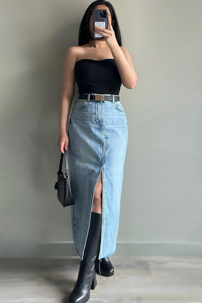 Black Tube Top and Denim Maxi With Heeled Knee Boots