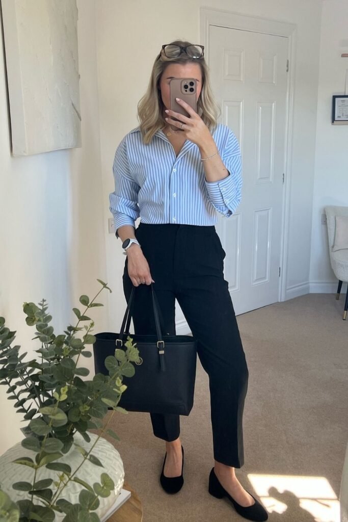 Blue Pinstripe Shirt and Black Ankle Trousers