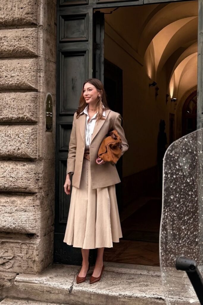 Camel Blazer Over a Pleated Midi