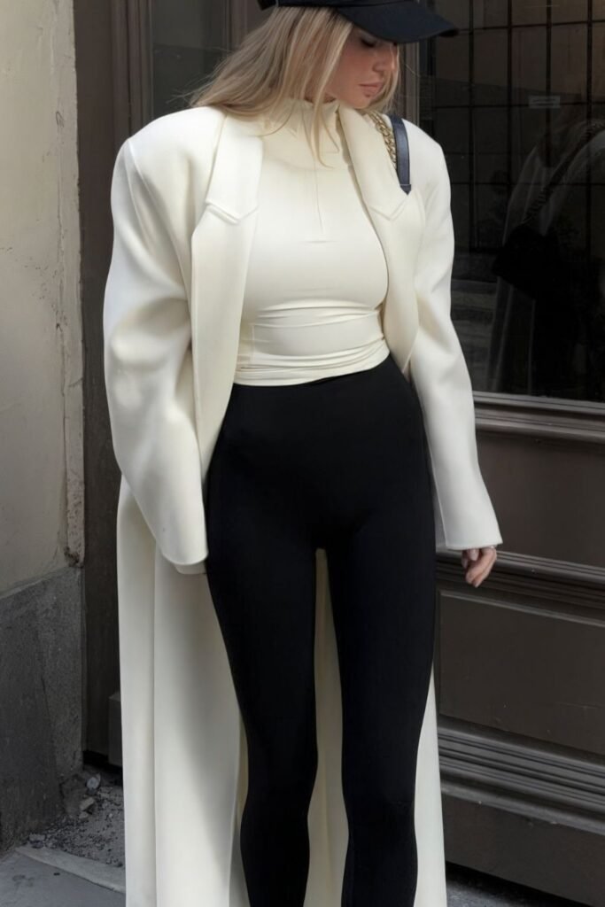 Cream Coat Over a Ruched Top and Flared Leggings