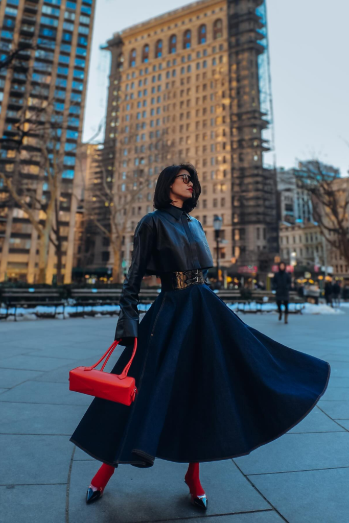 Dark Denim Circle Skirt With Leather and Red Tights