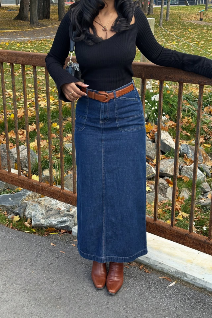 Dark Denim Maxi With a Fitted Black Knit and Tan Boots