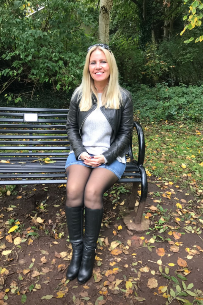 Denim Mini With Tights, Knee Boots and a Leather Jacket