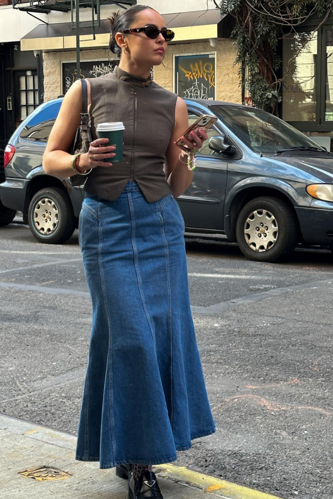Fluted Denim Maxi With a Brown Corset Vest