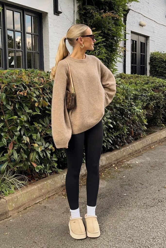 Oversized Camel Knit and Platform Slippers