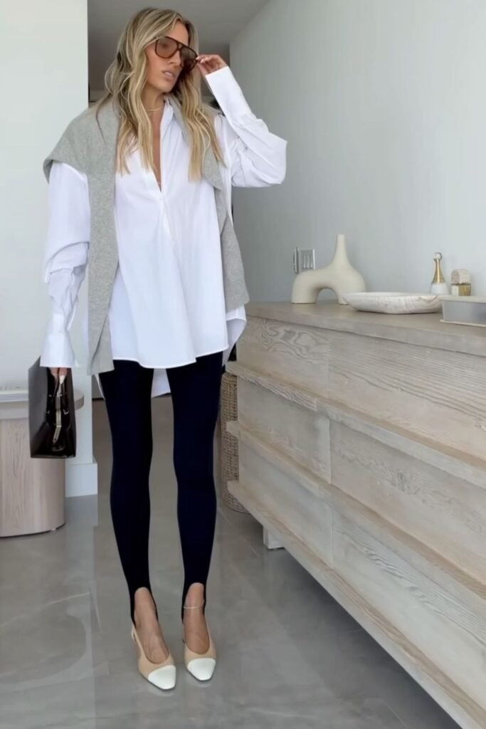 Oversized White Shirt With Stirrup Leggings and Heels