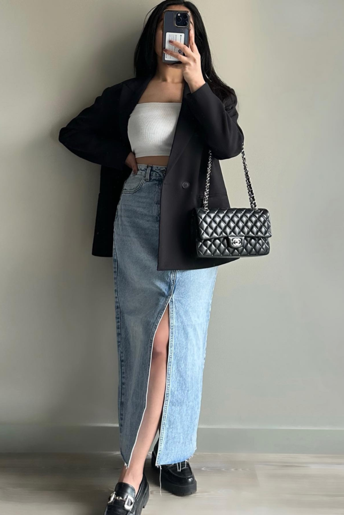Split-Front Denim Maxi With a Blazer and Crop Top