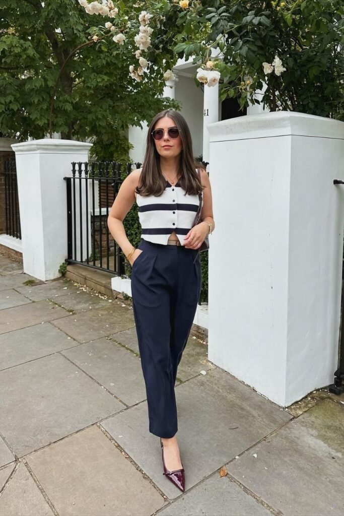 Striped Knit Vest With Navy Trousers