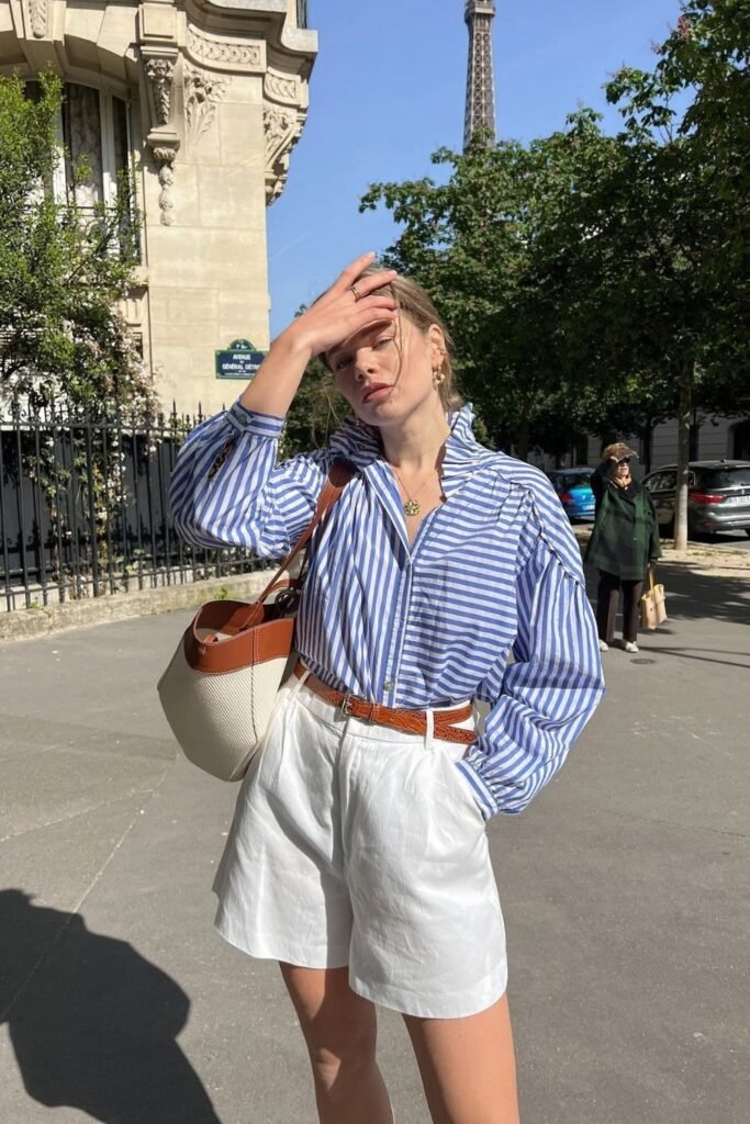 Striped Poplin Shirt With White Pleated Shorts
