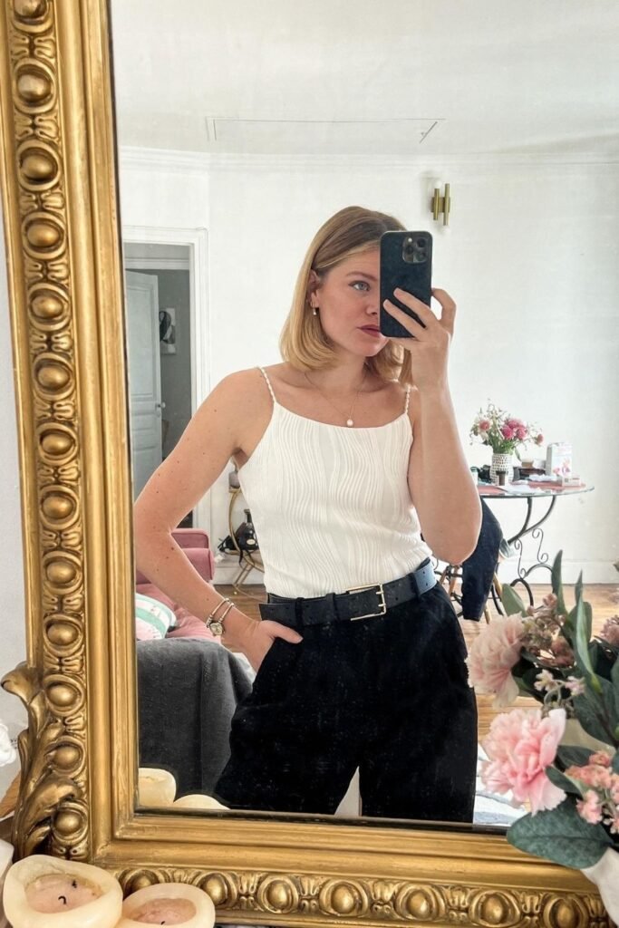 Textured White Cami With Black Trousers