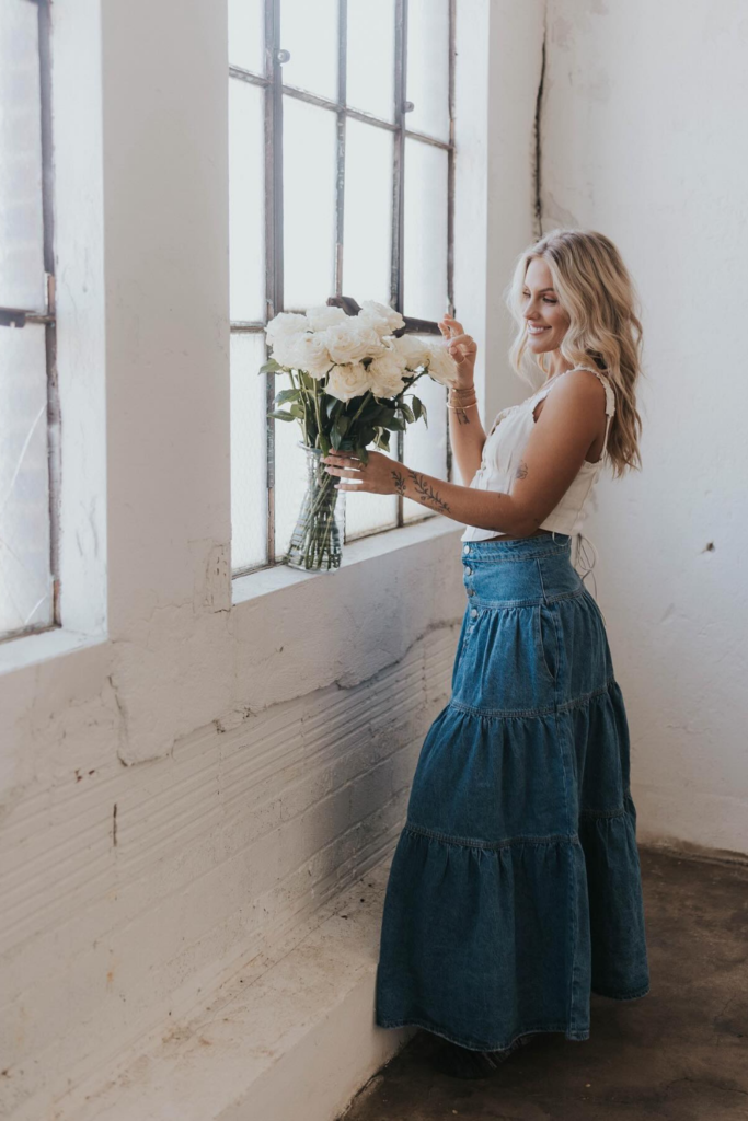 Tiered Denim Maxi With a Cream Corset Top