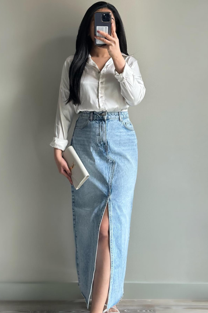 White Satin Shirt With a Pale Denim Maxi