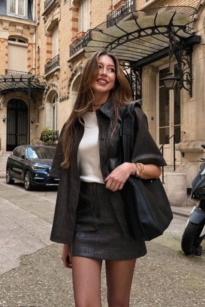 Woven Leather Look Shirt and Mini Set