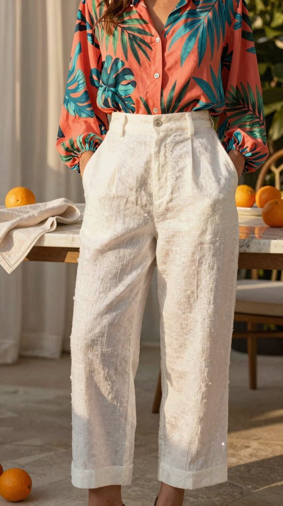 linen pants colorful blouse